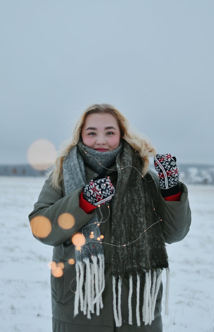 services-01 A cheerful woman with long blonde hair in winter attire, smiling in a snowy outdoor setting.